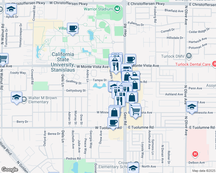 map of restaurants, bars, coffee shops, grocery stores, and more near 2905 Niagra Street in Turlock