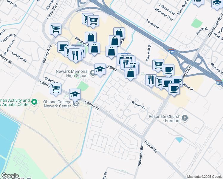 map of restaurants, bars, coffee shops, grocery stores, and more near 6217 Joaquin Murieta Avenue in Newark