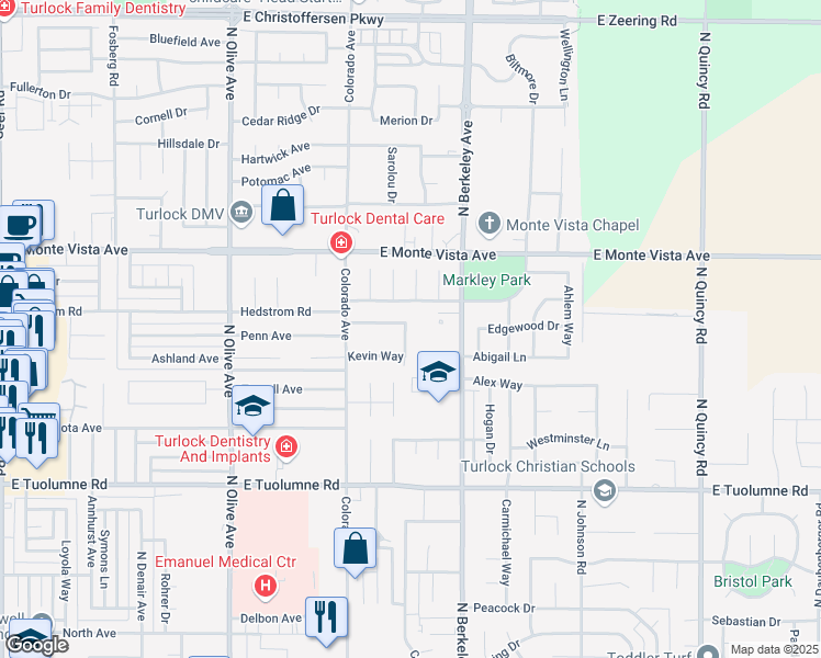 map of restaurants, bars, coffee shops, grocery stores, and more near 2901 North Berkeley Avenue in Turlock