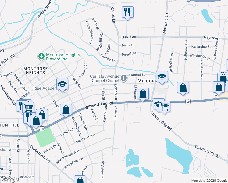 map of restaurants, bars, coffee shops, grocery stores, and more near 2406 National Street in Richmond