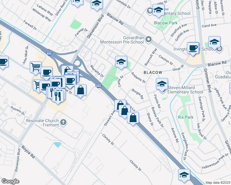 map of restaurants, bars, coffee shops, grocery stores, and more near 129 Lichen Ct in Fremont