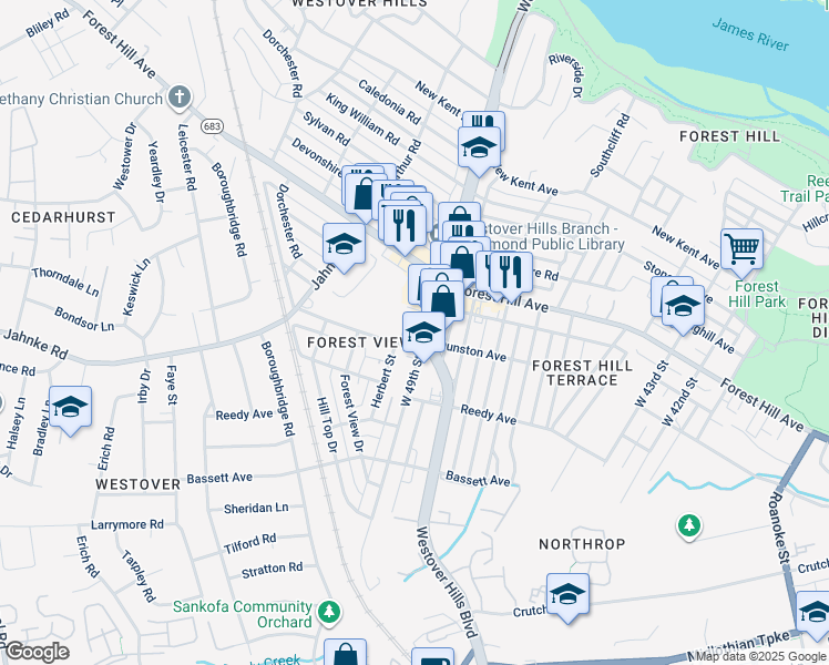 map of restaurants, bars, coffee shops, grocery stores, and more near 5001 Clarence Street in Richmond