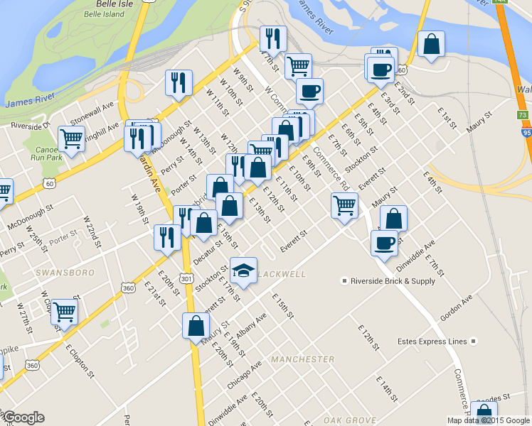 map of restaurants, bars, coffee shops, grocery stores, and more near 1216 Decatur Street in Richmond
