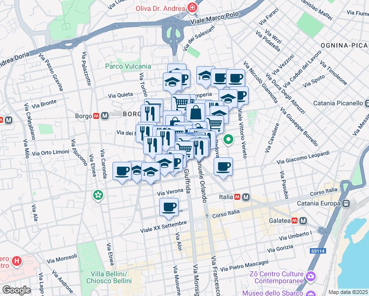 map of restaurants, bars, coffee shops, grocery stores, and more near 78 Via Vincenzo Giuffrida in Catania