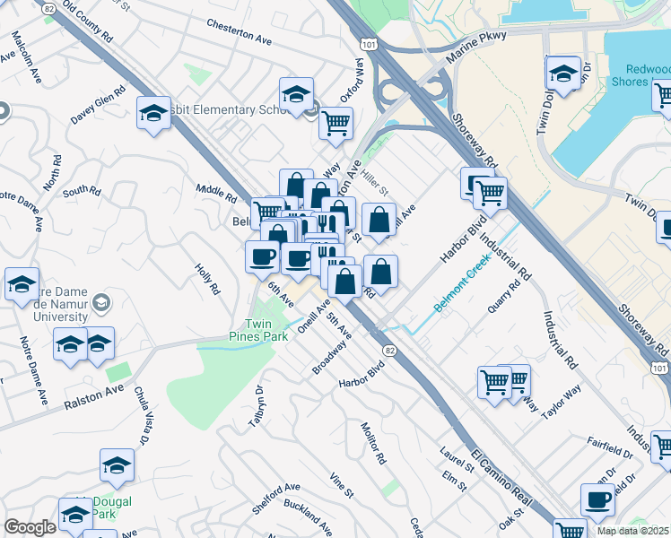 map of restaurants, bars, coffee shops, grocery stores, and more near 1250 Old County Road in Belmont