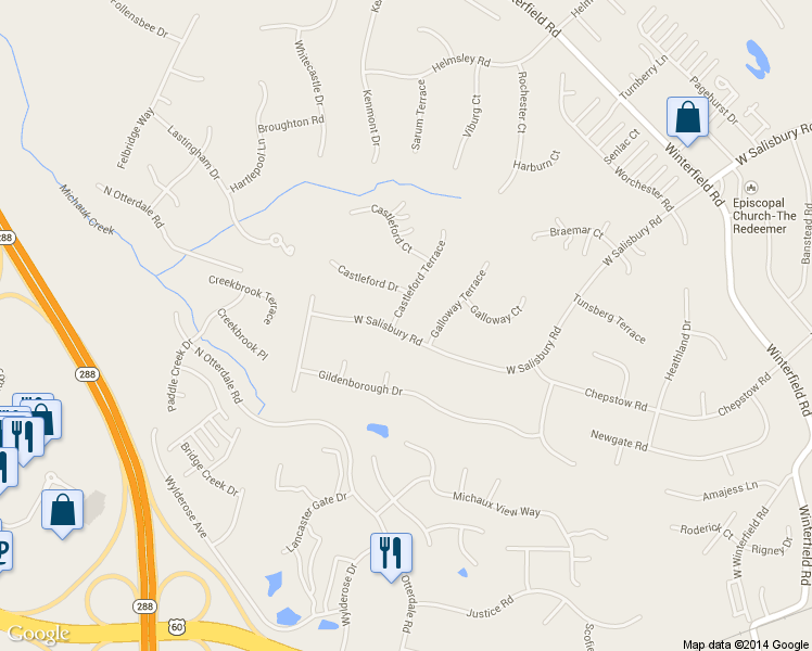 map of restaurants, bars, coffee shops, grocery stores, and more near 2101 Castleford Terrace in Midlothian