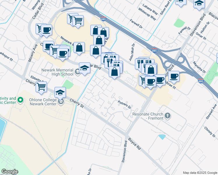 map of restaurants, bars, coffee shops, grocery stores, and more near 6101 Joaquin Murieta Avenue in Newark
