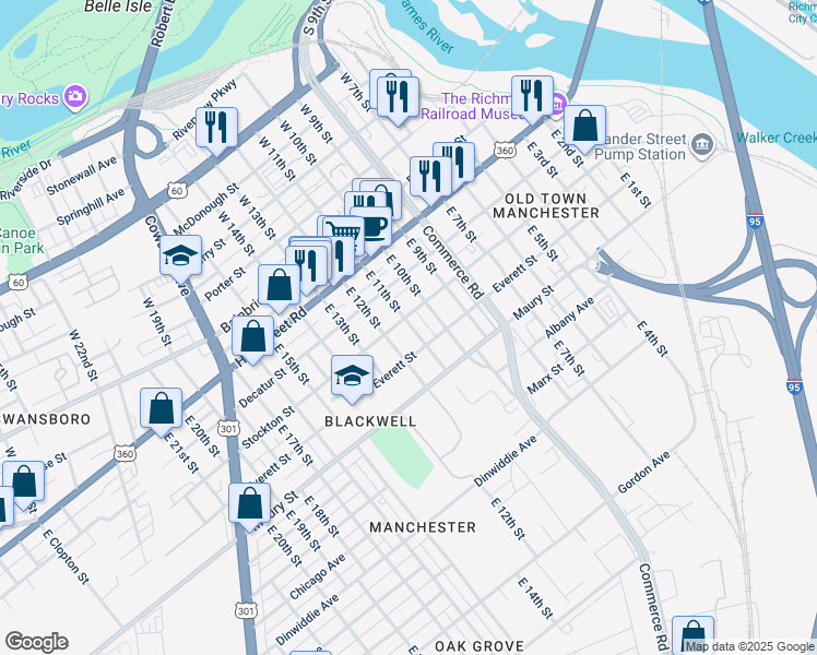 map of restaurants, bars, coffee shops, grocery stores, and more near 205 East 11th Street in Richmond