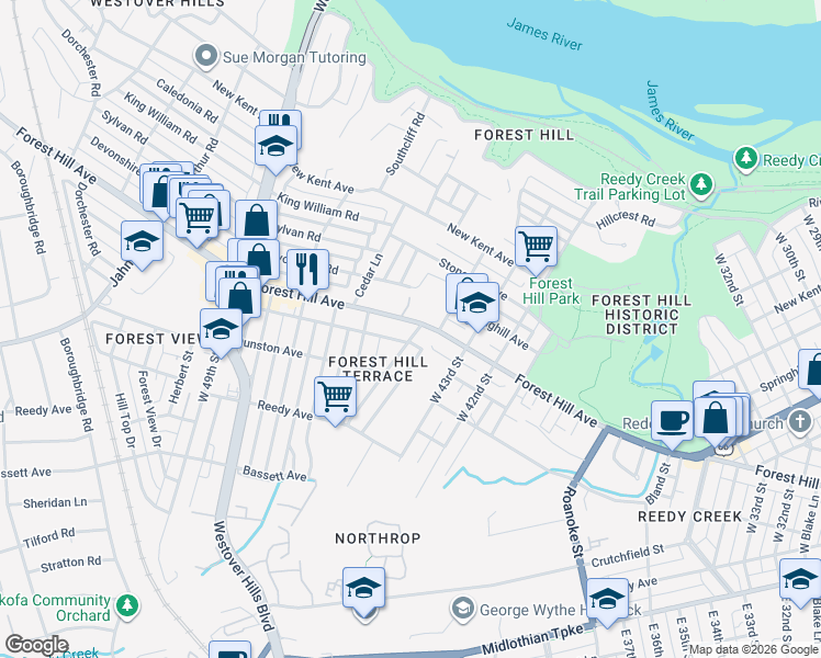 map of restaurants, bars, coffee shops, grocery stores, and more near 4408 Forest Hill Avenue in Richmond