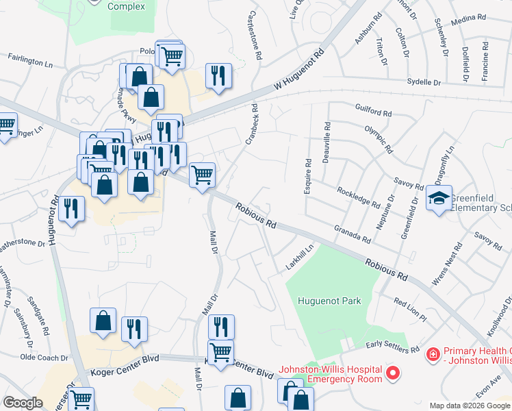 map of restaurants, bars, coffee shops, grocery stores, and more near 11198 Robious Road in Bon Air