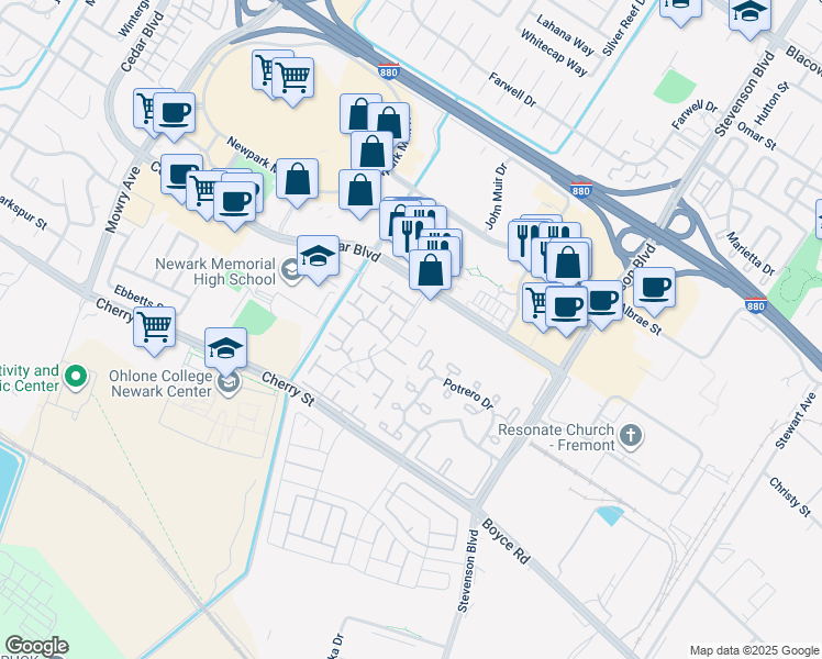 map of restaurants, bars, coffee shops, grocery stores, and more near 6100 Joaquin Murieta Avenue in Newark