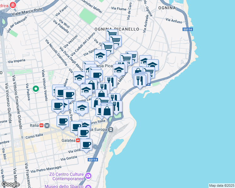 map of restaurants, bars, coffee shops, grocery stores, and more near 24 Via Parramuto in Catania