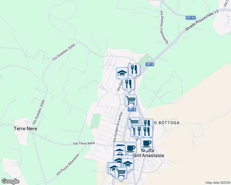 map of restaurants, bars, coffee shops, grocery stores, and more near 3 Via Giovanni Grasso in Motta Sant'Anastasia