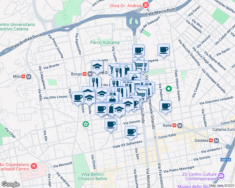 map of restaurants, bars, coffee shops, grocery stores, and more near 224 Via Matteo Renato Imbriani in Catania