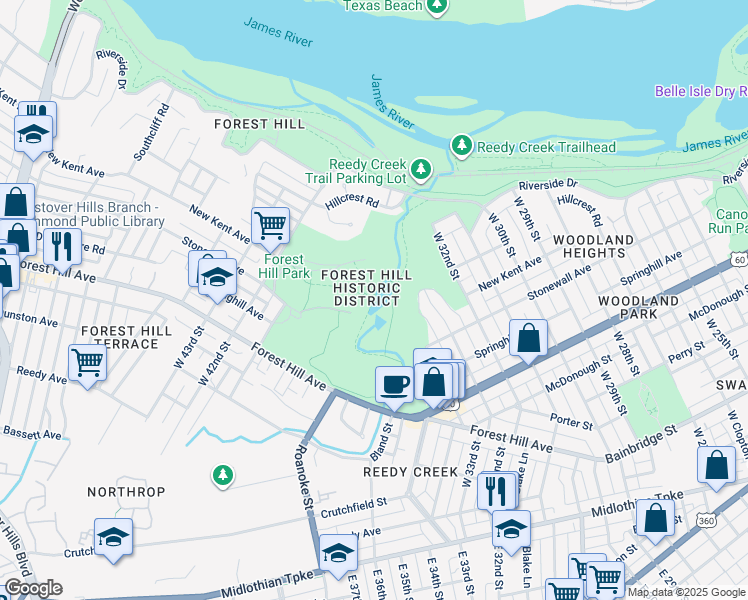 map of restaurants, bars, coffee shops, grocery stores, and more near 4021 Forest Hill Avenue in Richmond