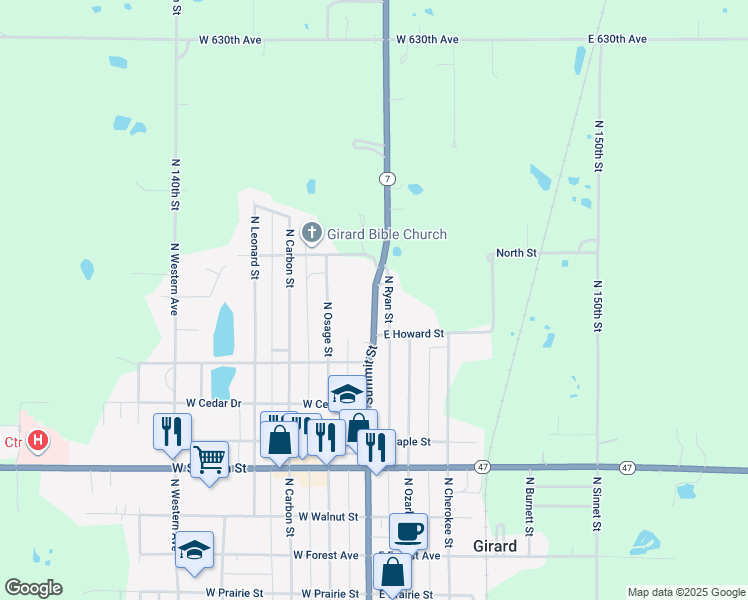 map of restaurants, bars, coffee shops, grocery stores, and more near 721 North Summit Street in Girard