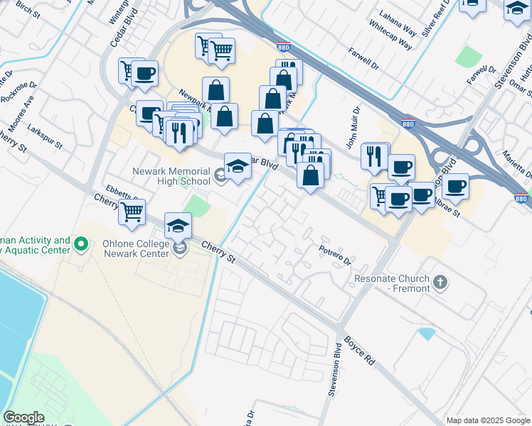 map of restaurants, bars, coffee shops, grocery stores, and more near 6217 Joaquin Murieta Avenue in Newark