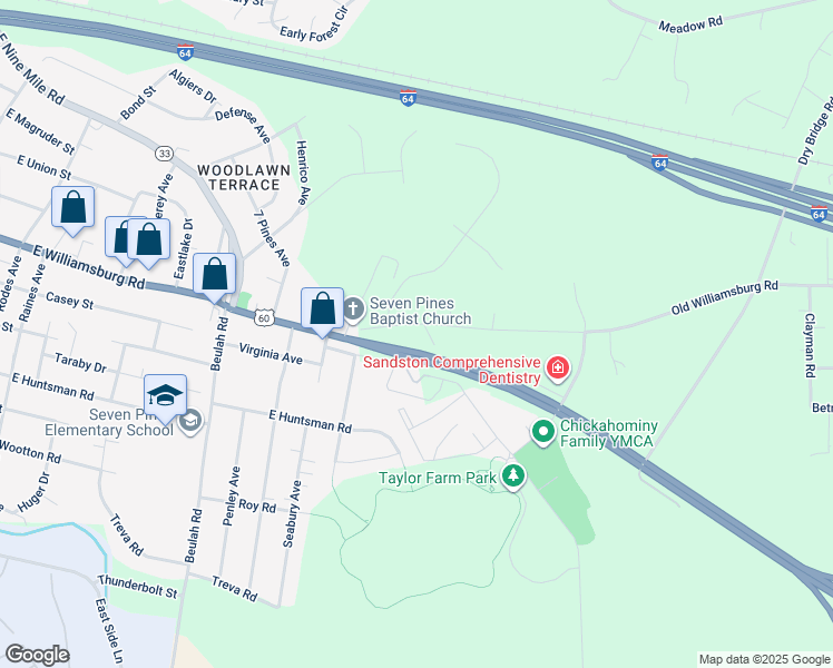 map of restaurants, bars, coffee shops, grocery stores, and more near 993 Old Williamsburg Road in Sandston