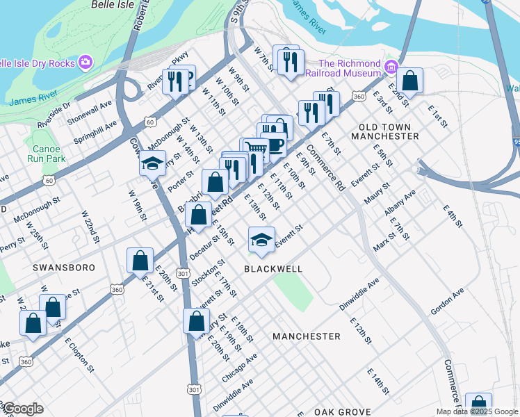 map of restaurants, bars, coffee shops, grocery stores, and more near 1216 Decatur Street in Richmond