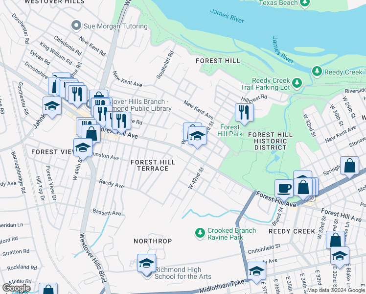 map of restaurants, bars, coffee shops, grocery stores, and more near 4313 Forest Hill Avenue in Richmond