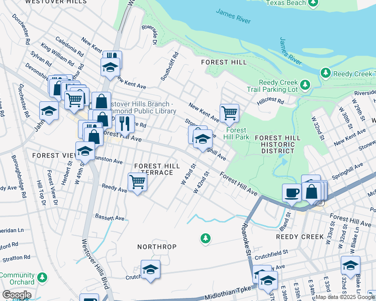 map of restaurants, bars, coffee shops, grocery stores, and more near 4313 Forest Hill Avenue in Richmond