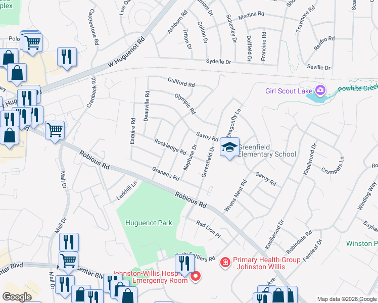 map of restaurants, bars, coffee shops, grocery stores, and more near 2000 Neptune Drive in Bon Air
