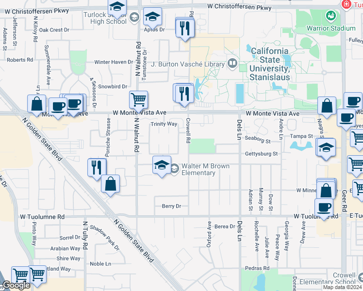 map of restaurants, bars, coffee shops, grocery stores, and more near 2940 Radford Way in Turlock