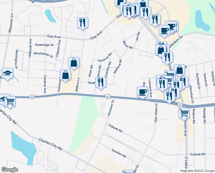map of restaurants, bars, coffee shops, grocery stores, and more near 3803 Bedford Street in Richmond