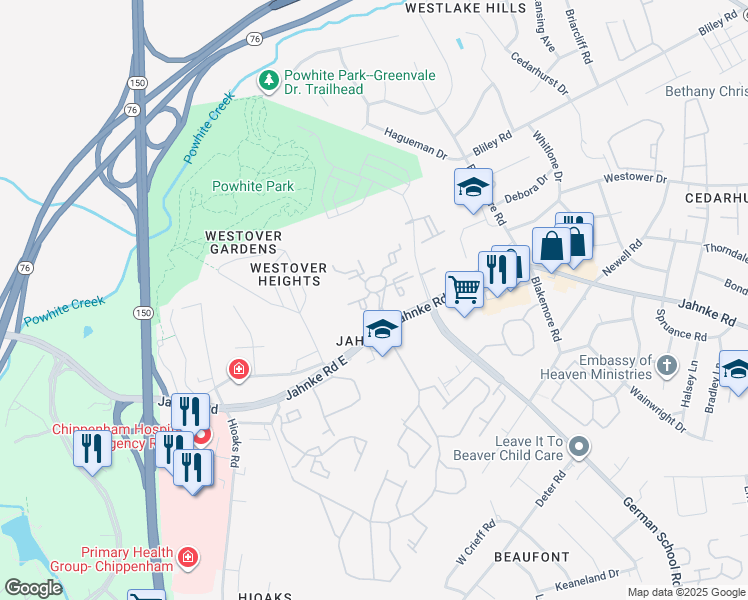 map of restaurants, bars, coffee shops, grocery stores, and more near 1311 Greenmoss Drive in Richmond