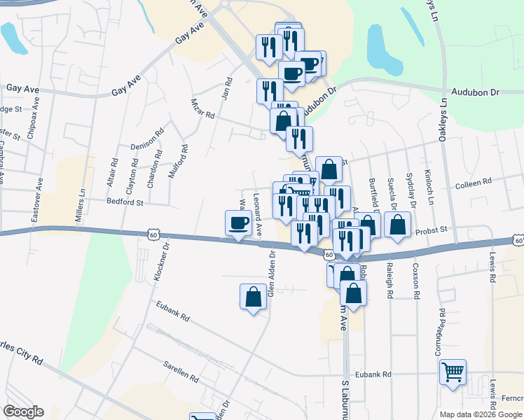 map of restaurants, bars, coffee shops, grocery stores, and more near 4909 Leonard Avenue in Richmond