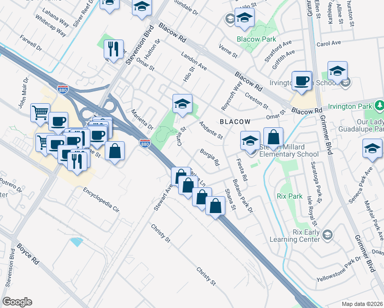 map of restaurants, bars, coffee shops, grocery stores, and more near 5223 Farina Lane in Fremont
