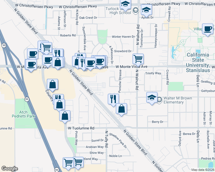 map of restaurants, bars, coffee shops, grocery stores, and more near 2949 Garfield Lane in Turlock