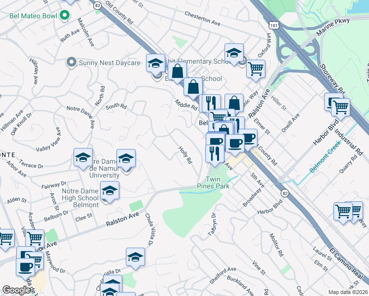 map of restaurants, bars, coffee shops, grocery stores, and more near 825 Holly Road in Belmont