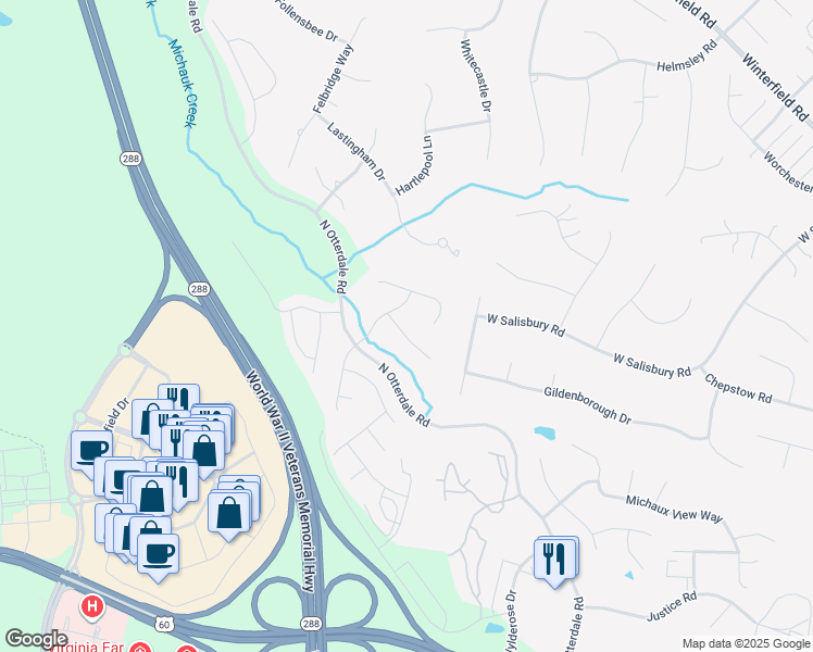 map of restaurants, bars, coffee shops, grocery stores, and more near 14836 Creekbrook Place in Midlothian