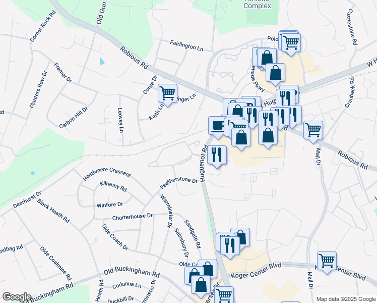 map of restaurants, bars, coffee shops, grocery stores, and more near 11705 North Briar Patch Drive in Midlothian