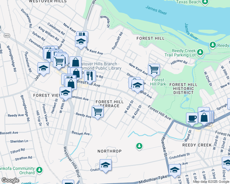 map of restaurants, bars, coffee shops, grocery stores, and more near 4406 Forest Hill Ave in Richmond