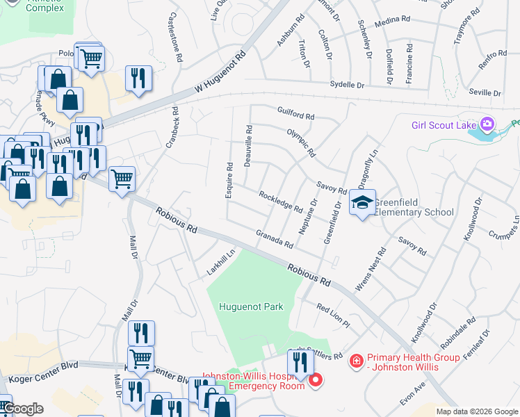 map of restaurants, bars, coffee shops, grocery stores, and more near 11106 Oakcrest Drive in Richmond