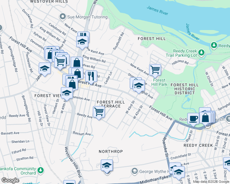 map of restaurants, bars, coffee shops, grocery stores, and more near 4408 Forest Hill Avenue in Richmond