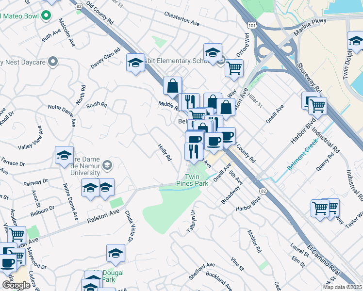 map of restaurants, bars, coffee shops, grocery stores, and more near 1041 Hill Street in Belmont