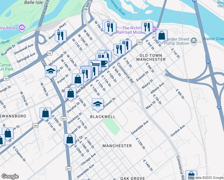 map of restaurants, bars, coffee shops, grocery stores, and more near 209 East 11th Street in Richmond