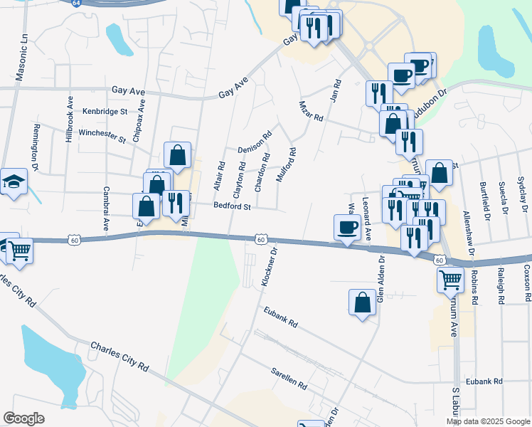 map of restaurants, bars, coffee shops, grocery stores, and more near 3803 Bedford Street in Richmond