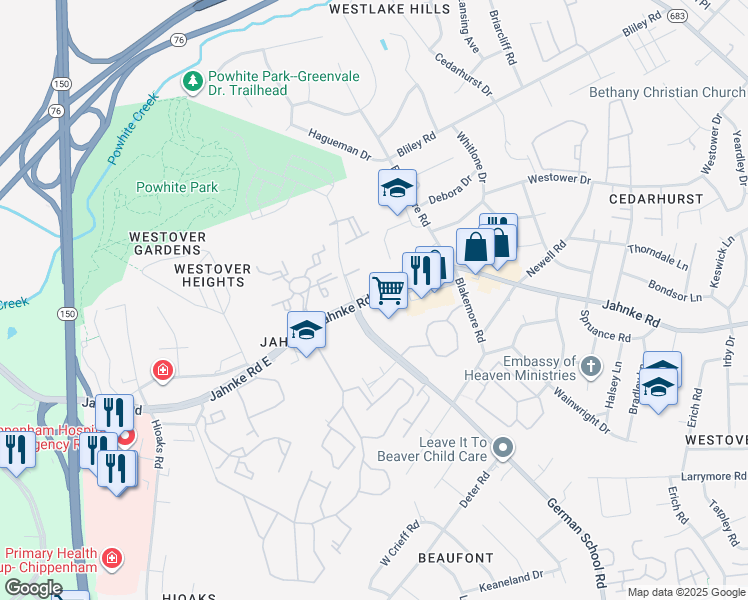 map of restaurants, bars, coffee shops, grocery stores, and more near 6409 Jahnke Road in Richmond