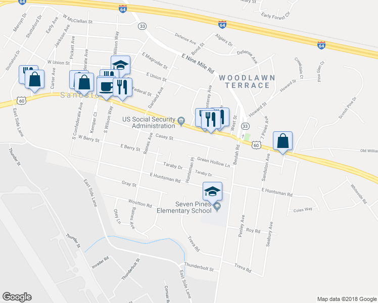 map of restaurants, bars, coffee shops, grocery stores, and more near 208 Green Hollow Lane in Sandston