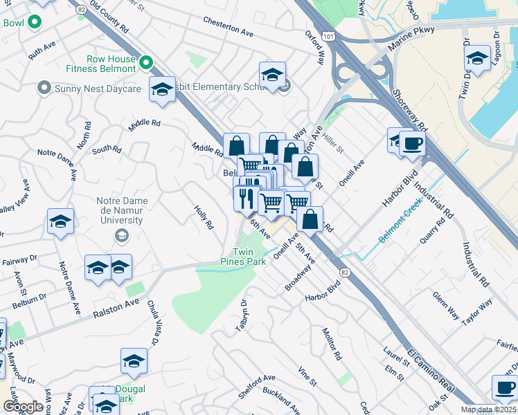 map of restaurants, bars, coffee shops, grocery stores, and more near 944 Ralston Avenue in Belmont