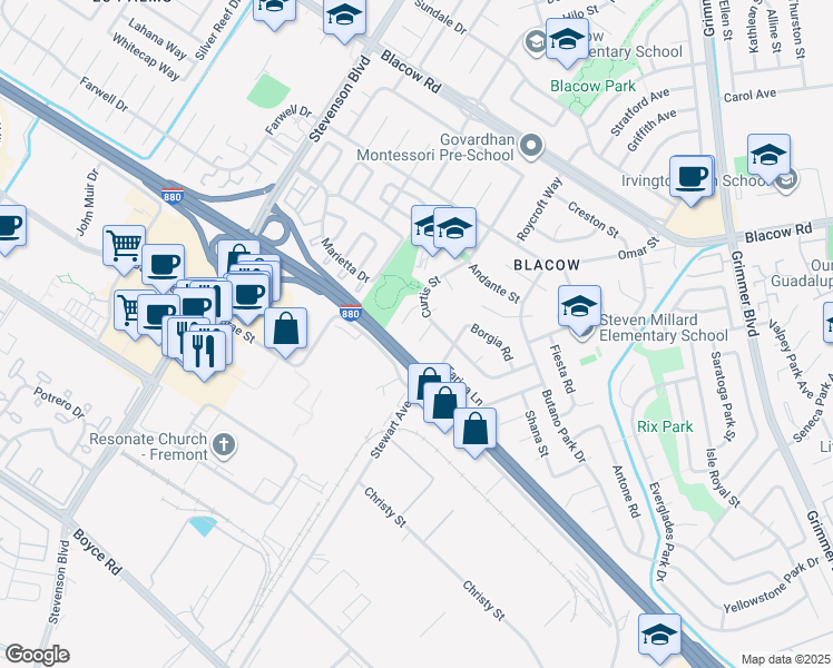 map of restaurants, bars, coffee shops, grocery stores, and more near 129 Lichen Court in Fremont