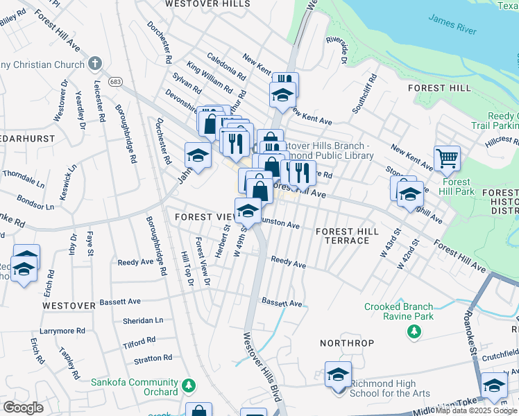 map of restaurants, bars, coffee shops, grocery stores, and more near 1207 Virginia 161 in Richmond