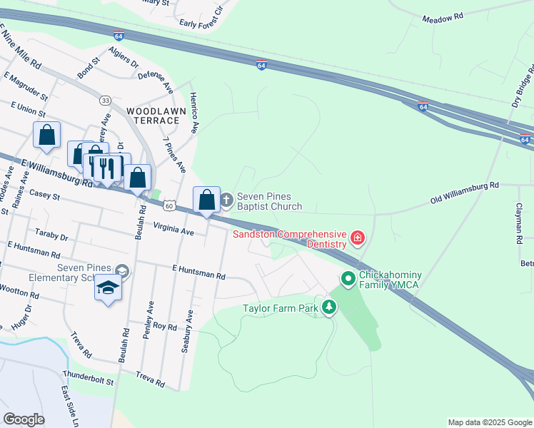 map of restaurants, bars, coffee shops, grocery stores, and more near 993 Old Williamsburg Road in Sandston