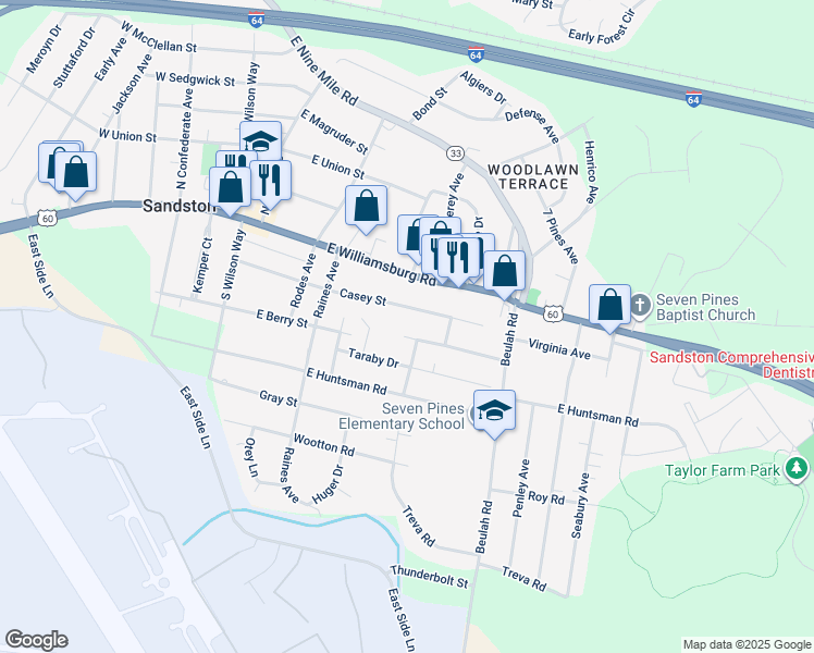 map of restaurants, bars, coffee shops, grocery stores, and more near 208 Green Hollow Lane in Sandston