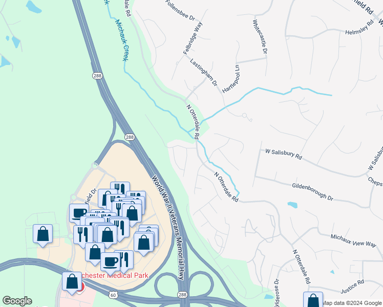 map of restaurants, bars, coffee shops, grocery stores, and more near 531 Totten Drive in Midlothian