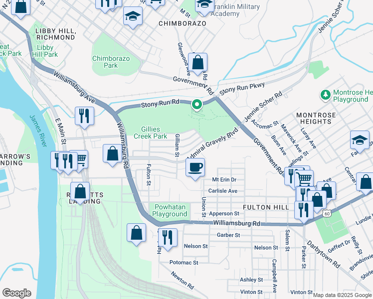 map of restaurants, bars, coffee shops, grocery stores, and more near 913 Old Denny Street in Richmond